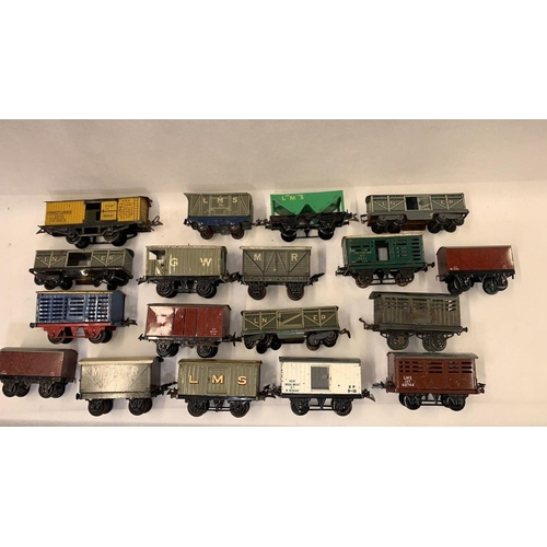 136 - Hornby etc tin plate 0 Gauge freight rolling stock - Milk Vans, Hopper, Cold Vans, box vans & Guards... 