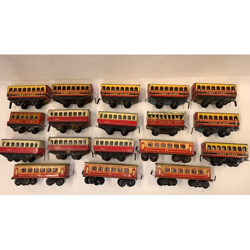 146 - BRIMTOY & other makers, 18 x tinplate passenger carriages, 14 are wheel, 4 are twin bogey, playworn ... 