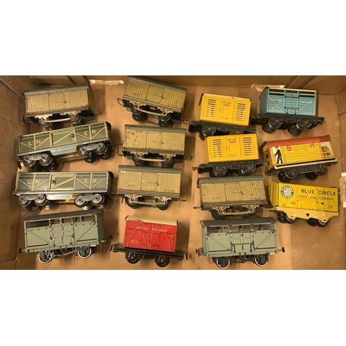 154 - Aitch & Chad valley 0 gauge tin plate & composite frieght wagons, Animal, guards brake & box etc, wo... 