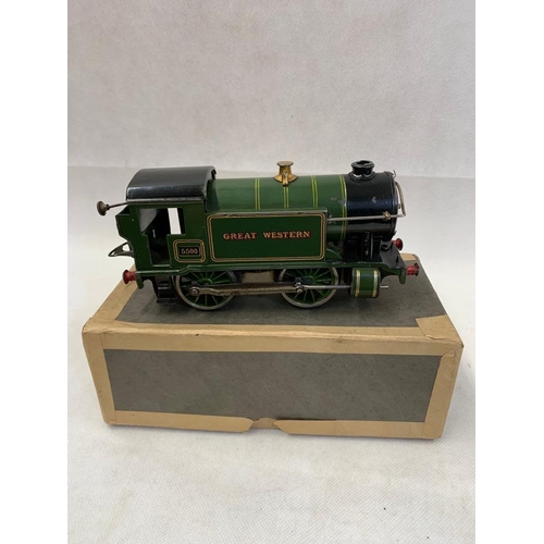 418 - Hornby 0 Gauge clockwork 0-4-0 tank engine, reversing no.5500 for Great Western, box is re-worked 
 ... 