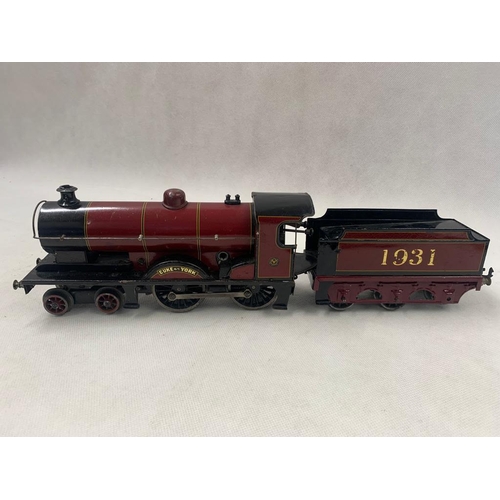 429 - Bing 0 Gauge clockwork Duke of York 4-4-0 Steam engine in LMS Maroon, 6 wheel tender no 1931, male k... 