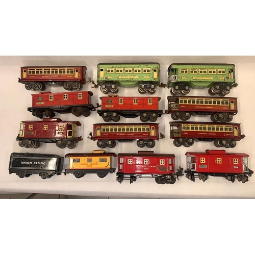 132 - LIONEL 0 Gauge passenger & freight. 4 x tin plate & tender and 5 caboose & 2 early 3 rail Pullman ob... 