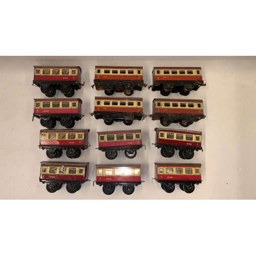 145 - Hornby 0 Gauge 4 wheel carriages in red & cream & 4 Chad Valley tin plate for The Master Cutler, pla... 