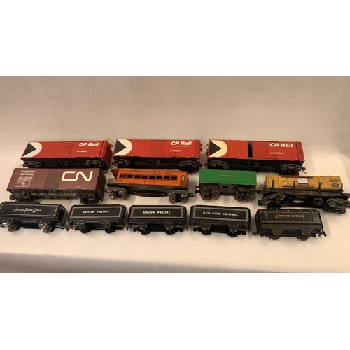 156 - AMT & Lionel 0 Gauge tin plate metal and composite carriages inc 3 AMT CP rail box cars CP 26901 & s... 