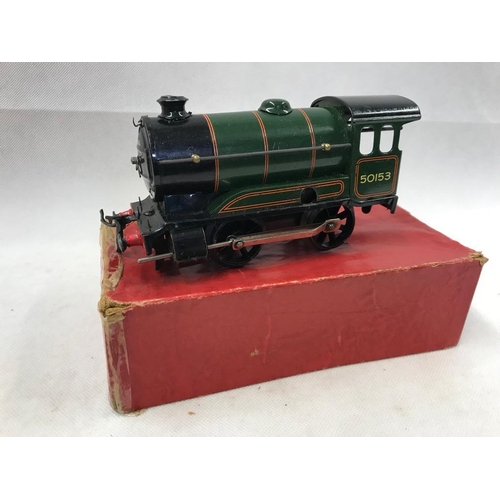 408 - Hornby 0 Gauge clockwork 4 wheel loco no.51 in BR green no.50153, possible damage to engine control ... 