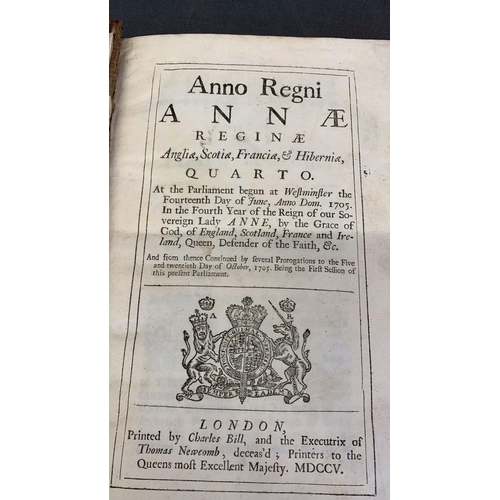 102 - An early 19th Century leather bound volume entitled 
 Anno Regni Anne Regina Anglia, Scotia, Francia... 