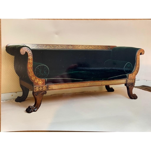 252 - A very interesting antique settee with scroll arms, brass inlays and carved claw feet, supported on ... 