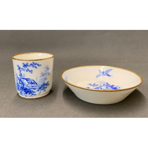 143 - A Sevres blue and white cup and bowl, date mark E, circa 1755 Aoncle, with birds in blue celeste pal... 