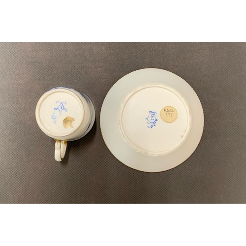 143 - A Sevres blue and white cup and bowl, date mark E, circa 1755 Aoncle, with birds in blue celeste pal... 