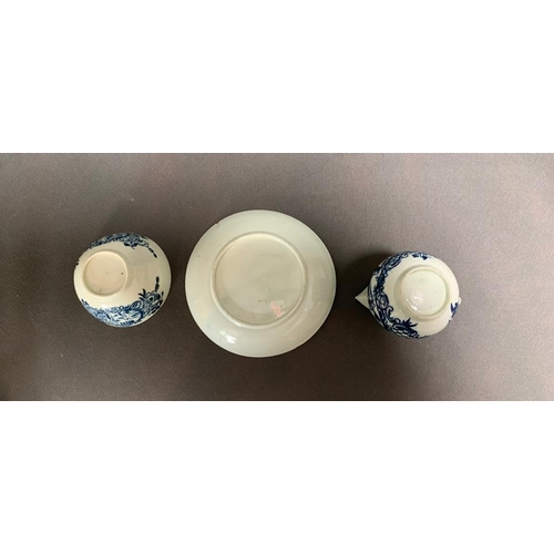 161 - Possibly late 18th century small milk Jug, sugar bowl and saucer with blue and white decoration