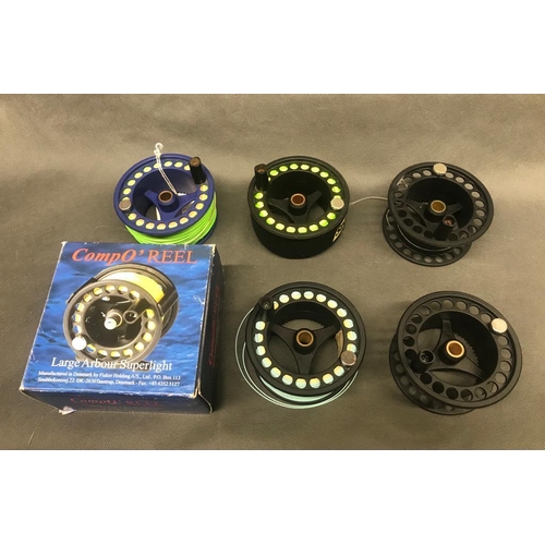 48 - Possibly Danish Compo 69 fly fishing reel with 5 spare spools, 4 of the 6 spools have fly lines

fis... 