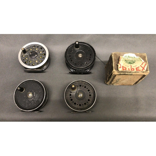 14 - Collection of 5 JW Young English fly fishing reels comprising boxed 3'' Pridex, 3 1/2'' rapier with ... 