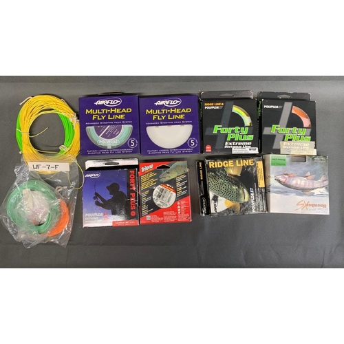 142 - Fly Lines, all unused and boxed or tagged by Airflo, Berkley, Snowbee etc. Various weights from 7# u... 