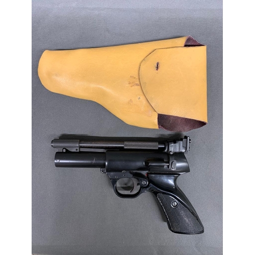 183 - Vintage air pistol - Webley (?), 0.22'' bore, shaped bakerlite butt grip and in leather protective h... 