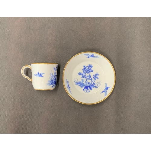 223 - A Sevres blue and white cup and bowl, date mark E, circa 1755 Aoncle, with birds in blue celeste pal... 