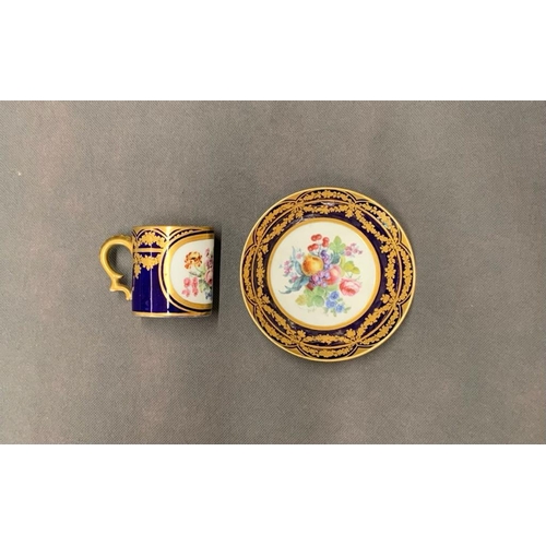 225 - A Sevres in beau blue palette and gold cup and saucer with floral decoration, dates circa 1754 and 1... 