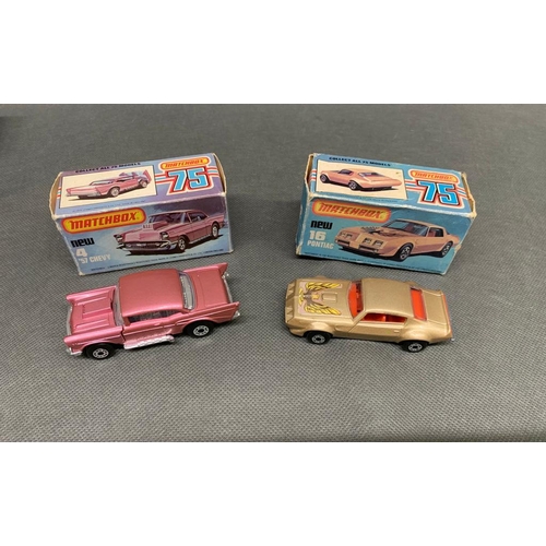 243 - 2 x matchbox cars, new 16 Pontiac and new 4 57 Chevy