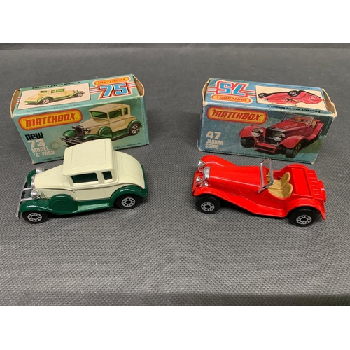 251 - 2 x matchbox cars, a new 73 model A Ford and a 47 jaguar ss100