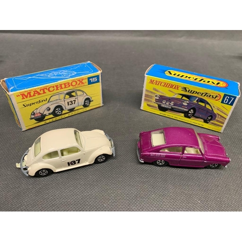 252 - 2 x matchbox cars, superfast 67 vw 1600tl and a 15 vw Beetle