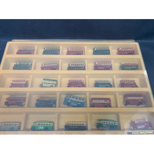 275 - 2 x plastic collectors boxes each containing 25 models of yesteryear buses