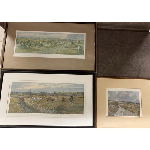 101 - 2 x signed F.A Stewart hunting prints along with a signed Michael Lyne print ( Cotswold interest )