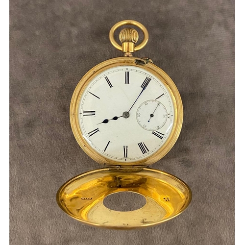 28 - A lovely 18 ct gold 19th century half hunter gentlemans pocket, case size 51 mm and total weight 11... 