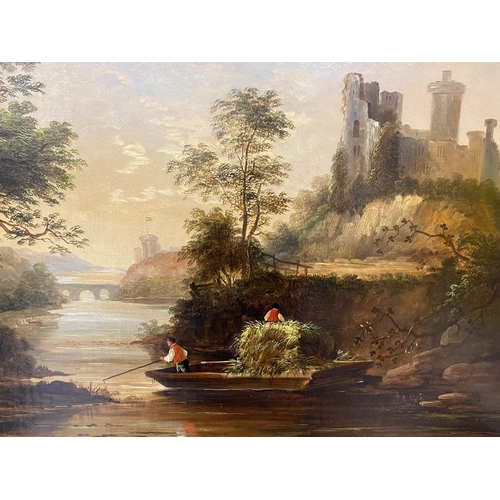 57 - An antique decorative oil on canvas of castle and river. Unsigned, possibly Scottish. 
  
 Frame siz... 