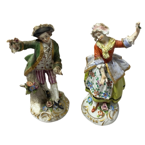 53 - A pair of antique Sitzendorf figurines 14 cm high. Slight damage to both left hands.