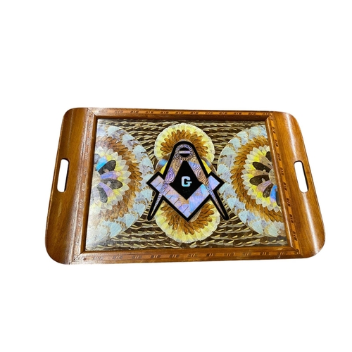 9 - A taxidermy tray inlaid with butterfly wings with Masonic emblem