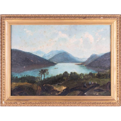 11 - Hudson River School, 19th century depicting a view of a lake in the mountains with figures, unsigned... 