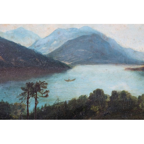11 - Hudson River School, 19th century depicting a view of a lake in the mountains with figures, unsigned... 