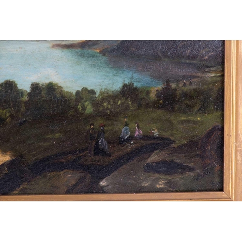11 - Hudson River School, 19th century depicting a view of a lake in the mountains with figures, unsigned... 