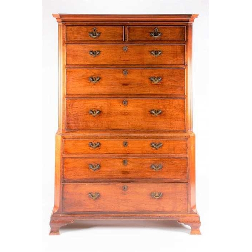 121 - A fine George III oak chest on chest with canted front corners two short over three graduated drawer... 