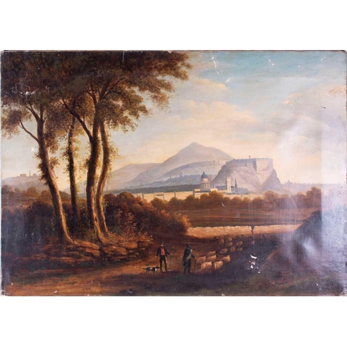 14 - Continental School, 19th century depicting shepherds with flock of sheep with an imaginary city view... 