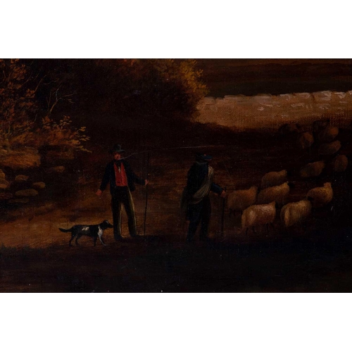 14 - Continental School, 19th century depicting shepherds with flock of sheep with an imaginary city view... 