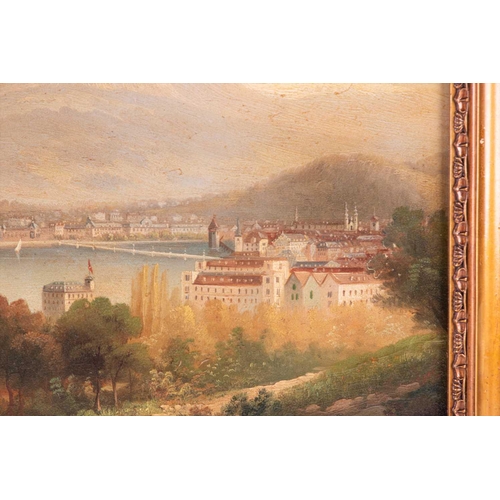 18 - Swiss school, 19th century depicting a view of Lausanne, signature illegible lower right, oil on pan... 