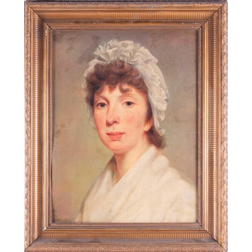 25 - English School, 19th century portrait of a century woman wearing a bonnet, unsigned, oil on canvas, ... 