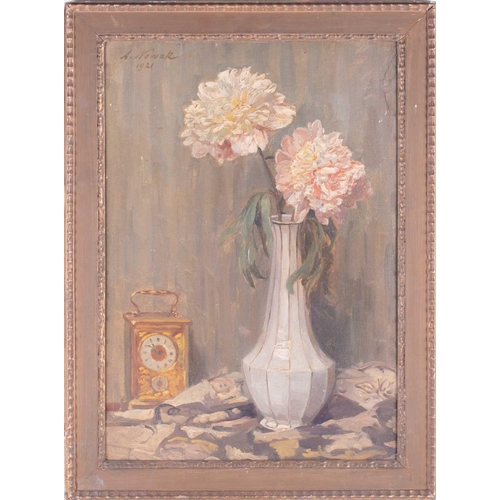27 - Anton Nowak (1865-1931) Austrian depicting chrysanthemums in a vase, signed and dated 1921, oil on c... 