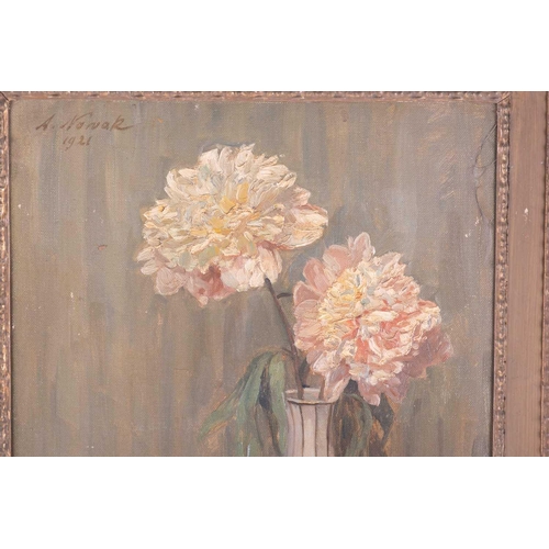 27 - Anton Nowak (1865-1931) Austrian depicting chrysanthemums in a vase, signed and dated 1921, oil on c... 