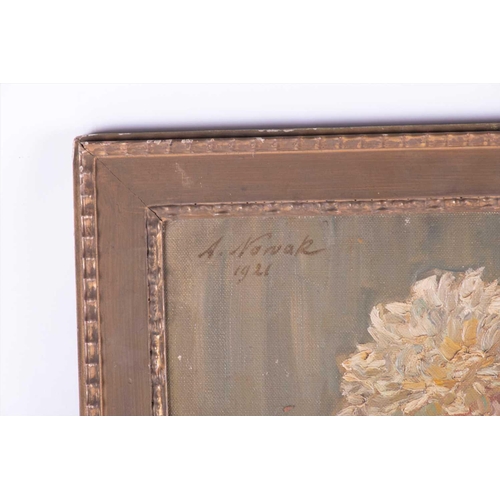 27 - Anton Nowak (1865-1931) Austrian depicting chrysanthemums in a vase, signed and dated 1921, oil on c... 