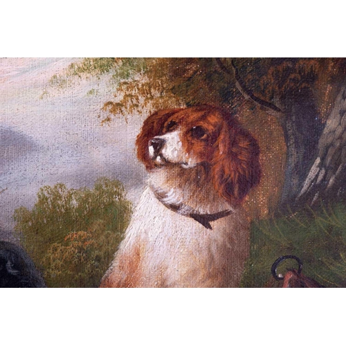 4 - Scottish school, 19th century depicting a pair of Springer Spaniels with a pheasant and a hunting ba... 