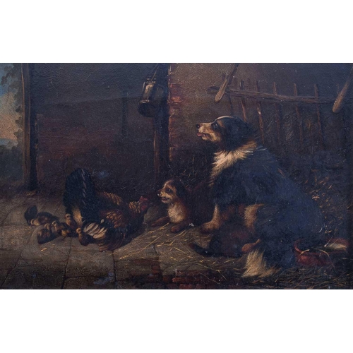 49 - English school, 19th century depicting an English Shepherd dog and her puppy both watching a hen and... 