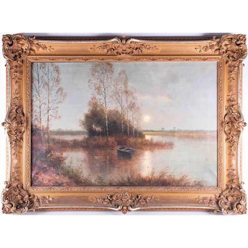 5 - Continental school, 20th century depicting a little boat moored to a tree in the corner of a lake, s... 