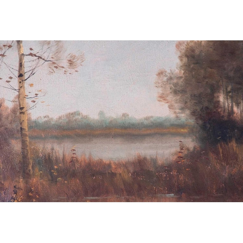 5 - Continental school, 20th century depicting a little boat moored to a tree in the corner of a lake, s... 