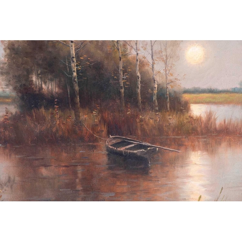 5 - Continental school, 20th century depicting a little boat moored to a tree in the corner of a lake, s... 