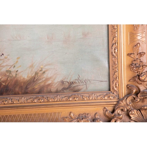 5 - Continental school, 20th century depicting a little boat moored to a tree in the corner of a lake, s... 