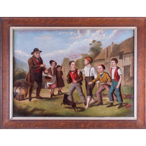 51 - English regional school, 19th Century depicting a rural scene with young children playing and an old... 