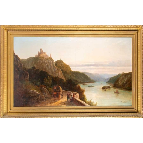 59 - Continental School (probably German), 19th century depicting peasants on a road with a river scene w... 