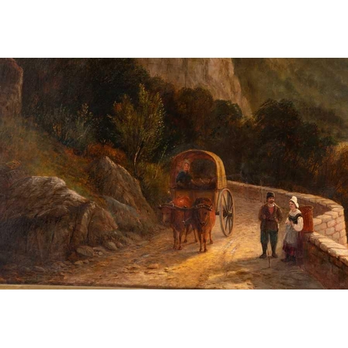 59 - Continental School (probably German), 19th century depicting peasants on a road with a river scene w... 