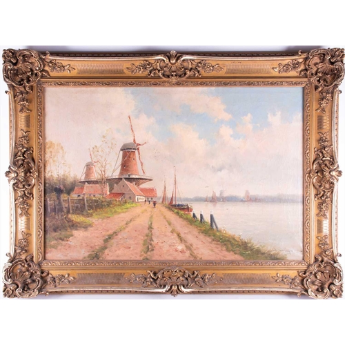 6 - Continental school, 20th century depicting a windmill near a canal, signature illegible, oil on canv... 